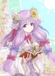  1girl animal_ears between_breasts book bow breasts cat_ears cleavage commentary_request crescent crescent_hair_ornament dress flower frills hair_bow hair_flower hair_ornament highres holding holding_book long_hair long_sleeves looking_at_viewer namiki_(remiter00) no_eyewear patchouli_knowledge purple_dress purple_hair solo touhou violet_eyes wide_sleeves 
