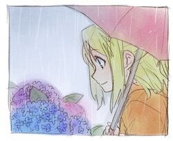  1girl blonde_hair blue_background blue_eyes coat eyebrows_visible_through_hair flower frame fullmetal_alchemist grey_background looking_away lowres rain riru short_hair simple_background smile solo_focus umbrella winry_rockbell 