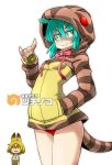 2girls animal_ears aono3 aqua_eyes aqua_hair blonde_hair breasts character_name hand_in_pocket hips hood hoodie japari_coin kemono_friends long_sleeves medium_breasts multiple_girls outline panties pantyshot pantyshot_(standing) red_panties serval_(kemono_friends) serval_ears shirt short_hair smile snake_tail solo_focus standing tail thighs tsuchinoko_(kemono_friends) underwear white_background white_shirt