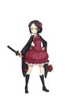  1girl black_footwear black_hair dress eyebrows flower full_body grey_eyes hair_flower hair_ornament hand_on_hip highres holding holding_sword holding_weapon katana looking_at_viewer official_art princess_principal red_dress sheath sheathed short_hair solo standing sword toudou_chise transparent_background weapon wide_sleeves 