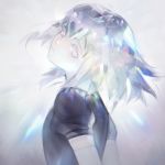  androgynous black_shirt diamond_(houseki_no_kuni) from_side ginmu grey_background houseki_no_kuni looking_at_viewer looking_to_the_side pink_eyes puffy_short_sleeves puffy_sleeves shirt short_sleeves silver_hair solo upper_body 