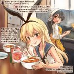  2girls :d apron black_hair black_neckwear blonde_hair blue_eyes blue_sailor_collar brown_eyes colored_pencil_(medium) commentary_request crop_top dated food holding holding_spoon kantai_collection kirisawa_juuzou long_hair long_sleeves multiple_girls naganami_(kantai_collection) neckerchief numbered open_mouth pink_hair sailor_collar shimakaze_(kantai_collection) shirt sleeveless smile spoon traditional_media translation_request twitter_username white_shirt yellow_apron 