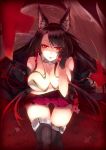  1girl akagi_(azur_lane) animal_ears artist_request azur_lane bangs black_hair black_legwear breasts cleavage commentary_request eto_(seiga5704449) fox_ears fox_tail highres japanese_clothes large_breasts long_hair looking_at_viewer miniskirt multiple_tails pleated_skirt red_eyes red_skirt skirt smile solo tail thigh-highs 