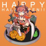  1girl armor armored_boots bat bikini bikini_armor black_legwear blue_eyes blue_ribbon blush boots breasts broadsword cape capelet choker curled_horns elizabeth_bathory_(brave)_(fate) fate/grand_order fate_(series) hair_ribbon halloween happy_halloween highres horns jack-o&#039;-lantern knee_boots lancer_(fate/extra_ccc) long_hair looking_at_viewer navel open_mouth oversized_clothes pauldrons pink_hair pointy_ears pumpkin red_bikini red_footwear ribbon sen-jou shoes slime small_breasts smile soldier_(dq3) solo spiked_shoes spikes string_bikini swimsuit sword tail thigh-highs tiara two_side_up vambraces weapon white_cape 
