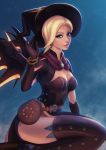  1girl alternate_costume blonde_hair blue_eyes breasts earrings elbow_gloves gloves halloween hat jack-o&#039;-lantern jack-o&#039;-lantern_earrings jewelry mercy_(overwatch) overwatch solo thigh-highs umigraphics wings witch witch_hat witch_mercy 