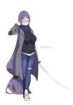  1girl absurdly_long_hair breasts casual denim fate/grand_order fate/stay_night fate_(series) glasses highres jacket jeans long_hair looking_at_viewer low-tied_long_hair minamoto_no_raikou_(fate/grand_order) pants purple_hair shirt skirt smile sword very_long_hair violet_eyes weapon yuuzii 