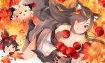  1girl animal_ears apple autumn_leaves bare_shoulders black_hat blush_stickers bow breasts brown_hair cleavage closed_mouth collarbone dress fingernails food fruit hair_bow hair_ornament hair_tubes hakurei_reimu hat hat_bow holding holding_fruit imaizumi_kagerou kirisame_marisa large_breasts leaf_hair_ornament long_fingernails long_hair long_sleeves looking_at_viewer nail_polish red_bow red_eyes shin_(new) smile touhou white_bow wide_sleeves witch_hat wolf_ears yukkuri_shiteitte_ne 
