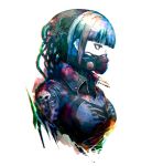  1girl armor bangs blue_hair blunt_bangs chromatic_aberration cyberpunk from_side gas_mask kei-suwabe original profile red_eyes simple_background solo upper_body white_background 