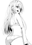  1girl ass attsun_(atsushi_jb) back bangs blush bra cowboy_shot d: eyebrows_visible_through_hair fang from_behind hair_between_eyes looking_at_viewer looking_back open_mouth original panties simple_background solo standing underwear underwear_only undressing white_background 