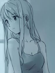  1girl bare_arms bare_shoulders earrings expressionless eyebrows_visible_through_hair fullmetal_alchemist jewelry long_hair looking_away lowres monochrome riru simple_background solo_focus winry_rockbell 