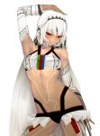  1girl altera_(fate) arm_at_side arm_up bangs bare_shoulders blunt_bangs blush breasts closed_mouth contrapposto cowboy_shot dark_skin fate/extra fate/grand_order fate_(series) i-pan looking_at_viewer navel pants red_eyes short_hair simple_background small_breasts solo standing tattoo veil white_background white_hair 