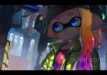  1girl black_hat blue_eyes city closed_mouth coat copyright_name domino_mask gradient_hair hat highres inkling kashu_(hizake) long_hair long_sleeves mask multicolored_hair open_clothes open_coat orange_hair pointy_ears portrait purple_hair red_shirt shirt solo splatoon splatoon_2 standing tentacle_hair yellow_coat 