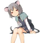  1girl animal_ears bare_legs black_skirt capelet closed_mouth grey_hair hasebe_yuusaku leaning_forward long_sleeves looking_at_viewer miniskirt mouse_ears mouse_tail nazrin red_eyes short_hair simple_background sitting skirt smile solo tail touhou white_background 