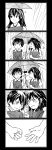  /\/\/\ 4koma :o akagi_(kantai_collection) black_border blush border closed_mouth comic eye_contact frown furoshiki greyscale highres holding holding_umbrella japanese_clothes kaga_(kantai_collection) kantai_collection kimono kodama_(chonks) long_hair looking_at_another monochrome open_mouth rain rock_paper_scissors side_ponytail tasuki trembling umbrella younger 