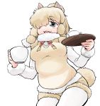  1girl :3 :d absurdres alpaca_suri_(kemono_friends) blonde_hair cowboy_shot cup eyebrows_visible_through_hair fur_trim grey_eyes hair_over_one_eye hare_(tetterutei) highres holding holding_cup holding_tray horizontal_pupils kemono_friends long_sleeves looking_at_viewer neck_ribbon one_eye_covered open_mouth ribbon shorts simple_background smile solo thigh-highs tray vest white_background white_legwear 