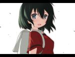  1girl :d backpack bag black_hair from_side grey_eyes hair_between_eyes iwahana kaban_(kemono_friends) kemono_friends letterboxed looking_at_viewer looking_to_the_side open_mouth red_shirt shirt short_hair smile solo 