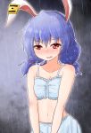  1girl animal_ears bare_shoulders bloomers blue_bloomers blue_bra blue_hair bra collarbone commentary_request crying crying_with_eyes_open highres medium_hair midriff oshiaki parted_lips rabbit_ears rain red_eyes seiran_(touhou) solo tearing_up tears touhou underwear 