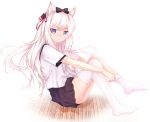  1girl animal_ears azur_lane blue_eyes blush cat_ears floor hair_ornament hair_ribbon hammann_(azur_lane) highres long_hair looking_at_viewer ribbon school_uniform simple_background sitting solo thigh-highs thighhighs_pull white_hair white_legwear wooden_floor zuu_(qq770463651) 