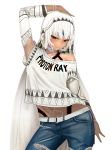  1girl altera_(fate) alternate_costume arm_at_side arm_up bangs bare_shoulders belt blunt_bangs blush breasts casual closed_mouth clothes_writing commentary contemporary contrapposto cowboy_shot dark_skin denim fate/extra fate/grand_order fate_(series) i-pan looking_at_viewer midriff navel pants red_eyes short_hair short_sleeves simple_background small_breasts solo standing tattoo torn_clothes torn_pants veil white_background white_hair 