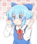  1girl :o blue_bow blue_eyes blue_hair blue_vest blush bow child cirno collared_shirt hair_between_eyes hair_bow hands_up highres long_sleeves neck_ribbon ochazuke parted_lips red_ribbon ribbon shirt short_hair solo sweatdrop touhou two_side_up upper_body vest white_shirt 