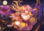  1girl :d arm_up armpits bit_(keikou_syrup) black_gloves blush boots breasts broom cleavage dress elbow_gloves from_side full_moon gloves grey_eyes halloween halloween_costume hat hat_removed headwear_removed large_breasts looking_at_viewer looking_to_the_side megurine_luka moon night open_mouth pink_hair smile solo thigh-highs thigh_boots vocaloid witch witch_hat 