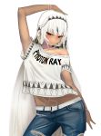  1girl altera_(fate) alternate_costume arm_at_side arm_up bangs bare_arms bare_shoulders belt blunt_bangs blush breasts casual closed_mouth clothes_writing commentary contemporary contrapposto cowboy_shot dark_skin denim fate/extra fate/grand_order fate_(series) i-pan looking_at_viewer midriff navel pants red_eyes revision short_hair short_sleeves simple_background small_breasts solo standing tattoo torn_clothes torn_pants veil white_background white_hair 