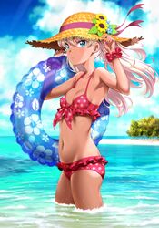  1girl aqua_eyes ass beach bikini blonde_hair blue_sky breasts clouds cloudy_sky day flower from_side front-tie_bikini front-tie_top hands_up hat hat_flower innertube light_rays long_hair navel ocean original outdoors platinum_blonde polka_dot polka_dot_bikini scrunchie sky small_breasts solo straw_hat sun_hat sunbeam sunflower sunlight swimsuit tachibana_kazumi tan thighs twintails wading wrist_scrunchie 