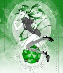  androgynous artist_name black_shorts character_name eri_na green_eyes green_hair hair_rings houseki_no_kuni jade_(houseki_no_kuni) kneehighs long_hair short_sleeves shorts solo sparkle uniform 