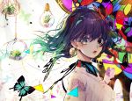  1girl abstract blue_eyes butterfly choker colorful daimaou_ruaeru earrings green_hair highres jewelry light_bulb lips looking_at_viewer looking_to_the_side mole mole_under_eye multicolored_hair original plant purple_hair short_hair solo triangle upper_body 