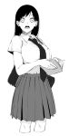  1girl :o absurdres bag bangs book breast_pocket breasts collared_shirt cropped_legs fingernails greyscale highres holding holding_book large_breasts looking_at_viewer monochrome necktie open_book open_mouth original pleated_skirt pocket school_bag school_uniform shirt shoulder_bag simple_background skirt solo standing vice_(kuronekohadokoheiku) white_background wide-eyed wing_collar 