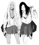  2girls absurdres bag bracelet cellphone clothes_around_waist cropped_legs cross cross_necklace dark_skin greyscale gyaru hand_in_hair hand_up highres holding holding_phone jacket_around_waist jewelry kogal long_sleeves looking_at_viewer monochrome multiple_girls nail_polish necklace original phone pleated_skirt ring school_bag school_uniform shirt simple_background skirt smartphone smile standing vice_(kuronekohadokoheiku) white_background 