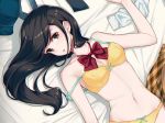  1girl 40hara black_hair bow bowtie bra breasts brown_eyes clothes_removed eyebrows_visible_through_hair head_tilt long_hair looking_at_viewer lying navel on_back on_bed original panties parted_lips small_breasts solo strap_slip underwear underwear_only yellow_bra yellow_panties 