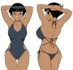  1girl arms_behind_head ass bare_shoulders black_eyes black_hair breasts butt_crack commentary_request dark_skin earrings flat_ass jewelry looking_at_viewer looking_back multiple_views nefertari_(tsukudani) one-piece_swimsuit original short_hair side-tie_swimsuit simple_background smile swimsuit tsukudani_(coke-buta) very_short_hair white_background 