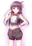  1girl black_hair black_shorts cowboy_shot gokou_ruri hair_ribbon herunin highres long_hair looking_at_viewer midriff mole mole_under_eye ore_no_imouto_ga_konna_ni_kawaii_wake_ga_nai puffy_shorts red_eyes red_neckwear ribbon shorts sleeveless smile solo thigh-highs white_legwear wrist_cuffs 