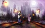  2girls aihashi_i alice_margatroid blonde_hair bridge capelet crescent dress hat hat_ornament lamp makai_(touhou) moon multiple_girls patchouli_knowledge purple_hair scenery shanghai_doll touhou walking 