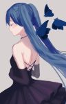  1girl back bare_shoulders black_dress blue_hair blush butterfly closed_eyes dress elbow_gloves gloves grey_background hatsune_miku long_hair open-back_dress p2_(uxjzz) parted_lips simple_background solo twintails very_long_hair vocaloid 