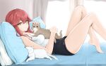  1girl animal artist_name bangs bed black_shorts breasts cat cat_day chaesu closed_mouth collarbone commentary crossed_bangs curtains english_commentary eyebrows_visible_through_hair feet hair_between_eyes highres holding holding_animal holding_cat indoors knees_up legs looking_at_viewer lying medium_breasts on_back pillow redhead shirt short_shorts shorts sleeveless sleeveless_shirt smile solo spaghetti_strap thighs white_shirt yellow_eyes 