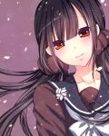  1girl black_hair blush brown_eyes brown_shirt collarbone dangan_ronpa eyebrows_visible_through_hair floating_hair hair_between_eyes harukawa_maki head_tilt highres long_hair mimi_(mini1474) mole mole_under_eye neck_ribbon new_dangan_ronpa_v3 ribbon school_uniform serafuku shirt smile solo twintails upper_body white_ribbon 