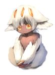  1girl animal_ears bangs claws commentary_request dark_skin extra_arms faputa fur looking_at_viewer made_in_abyss manino_(mofuritaionaka) monster_girl nude orange_eyes paws short_hair simple_background smile solo v_arms white_background white_hair 