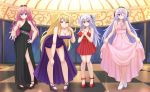  4girls :q :t ;) bare_shoulders black_dress black_footwear blonde_hair blue_eyes blush breasts character_request checkered checkered_floor claudia_enfield cleavage collarbone commentary commission dress eyebrows_visible_through_hair full_body gakusen_toshi_asterisk hair_ornament hair_scrunchie hand_on_hip hand_on_own_knee hands_on_own_chest high_heels highres julis-alexia_von_riessfeld kazenokaze lavender_hair leaning_forward long_dress long_hair looking_at_viewer multiple_girls one_eye_closed outstretched_arm pigeon-toed pink_dress pink_hair pointing pointing_at_self ponytail pout purple_dress red_dress red_footwear scrunchie side_slit skirt_hold smile sylvia_lyyneheym tongue tongue_out toudou_kirin two_side_up violet_eyes white_footwear window 