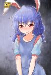  1girl animal_ears blue_dress blue_hair commentary_request crying crying_with_eyes_open dress highres medium_hair oshiaki parted_lips puffy_short_sleeves puffy_sleeves rabbit_ears rain red_eyes seiran_(touhou) short_sleeves solo tearing_up tears touhou 