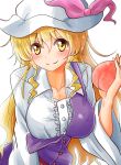  1girl blonde_hair bow breasts cleavage commentary_request food fruit hat hat_bow highres holding holding_food large_breasts long_hair looking_at_viewer oshiaki peach shirt smile touhou very_long_hair watatsuki_no_toyohime white_shirt wide_sleeves yellow_eyes 