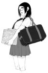  1girl absurdres bag breasts cropped_legs from_side glasses greyscale highres holding large_breasts looking_at_viewer looking_to_the_side monochrome original pleated_skirt ponytail school_uniform shirt short_sleeves shoulder_bag simple_background skirt solo sweatdrop vice_(kuronekohadokoheiku) white_background 