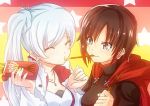  2girls cape closed_eyes commentary_request food imminent_kiss multiple_girls pocky pocky_day pocky_kiss ruby_rose rwby scar scar_across_eye shared_food weiss_schnee yuri 