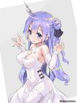  1girl akaza azur_lane bare_shoulders breasts cleavage covered_navel cowboy_shot criss-cross_halter detached_sleeves dress halterneck highres large_breasts long_arms long_hair one_side_up open_mouth purple_hair see-through side_bun simple_background sleeves_past_wrists solo thigh-highs twitter_username unicorn_(azur_lane) violet_eyes white_dress white_legwear 