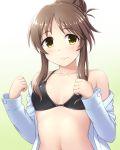  1girl bare_shoulders bikini bikini_top black_bikini blush breasts brown_hair closed_mouth collarbone eyebrows_visible_through_hair gradient gradient_background green_background hair_bun idolmaster idolmaster_cinderella_girls long_hair long_sleeves looking_at_viewer navel off_shoulder open_clothes open_shirt pataniito shirt short_hair_with_long_locks sidelocks small_breasts smile swimsuit takamori_aiko upper_body white_shirt yellow_eyes 