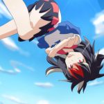  1girl anime_coloring black_hair cato_(monocatienus) clouds crossed_arms fang flying kijin_seija multicolored_hair no_horn red_eyes sky slit_pupils solo streaked_hair tongue tongue_out touhou upside-down 
