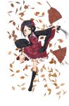  1girl autumn_leaves black_footwear black_hair dress eyebrows flower full_body grey_eyes hair_flower hair_ornament highres holding holding_sword holding_weapon katana looking_at_viewer official_art princess_principal red_dress sheath short_hair slicing solo standing standing_on_one_leg sword toudou_chise transparent_background weapon wide_sleeves 