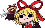  1girl 3: angry blonde_hair chibi commentary eyelashes hair_ribbon looking_at_viewer lowres medicine_melancholy multiple_views ribbon short_hair simple_background solid_circle_eyes speckticuls touhou v-shaped_eyebrows white_background 