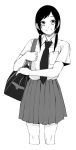 1girl absurdres bag breast_pocket closed_mouth cropped_legs greyscale highres looking_at_viewer low_twintails monochrome necktie original pleated_skirt pocket school_bag school_uniform shirt shoulder_bag simple_background skirt smile solo standing twintails vice_(kuronekohadokoheiku) white_background 